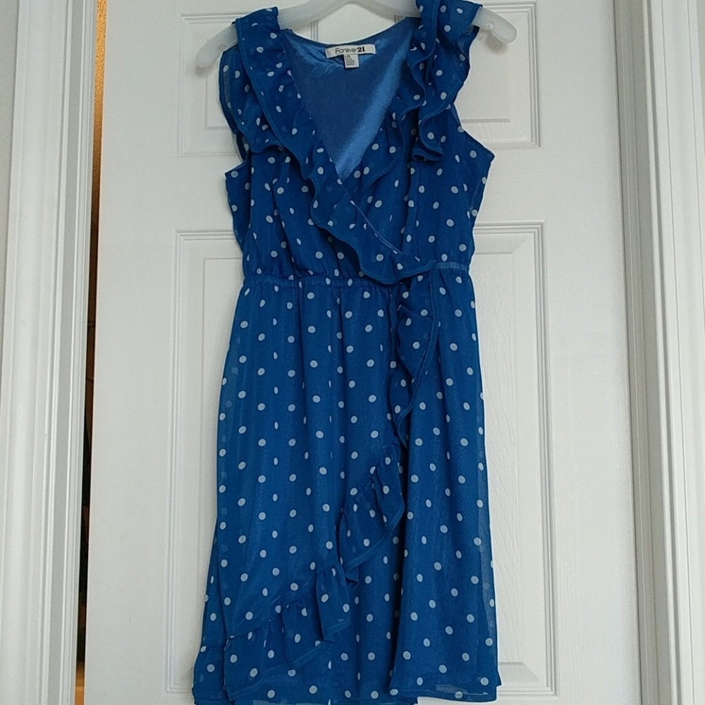 Blue polka dot faux wrap dress